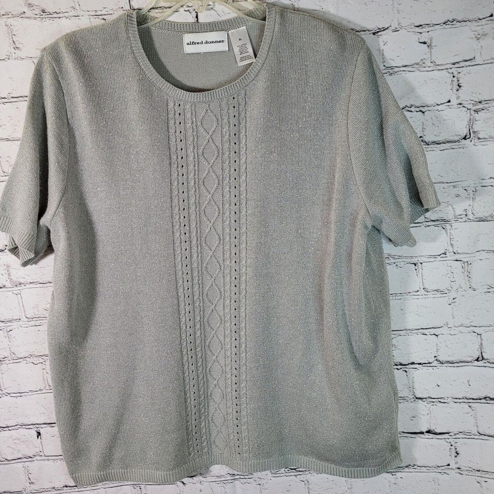 Alfred Dunner Sweater Top Womens XL Silver Excellent Metallic Cable Knit Shimmer